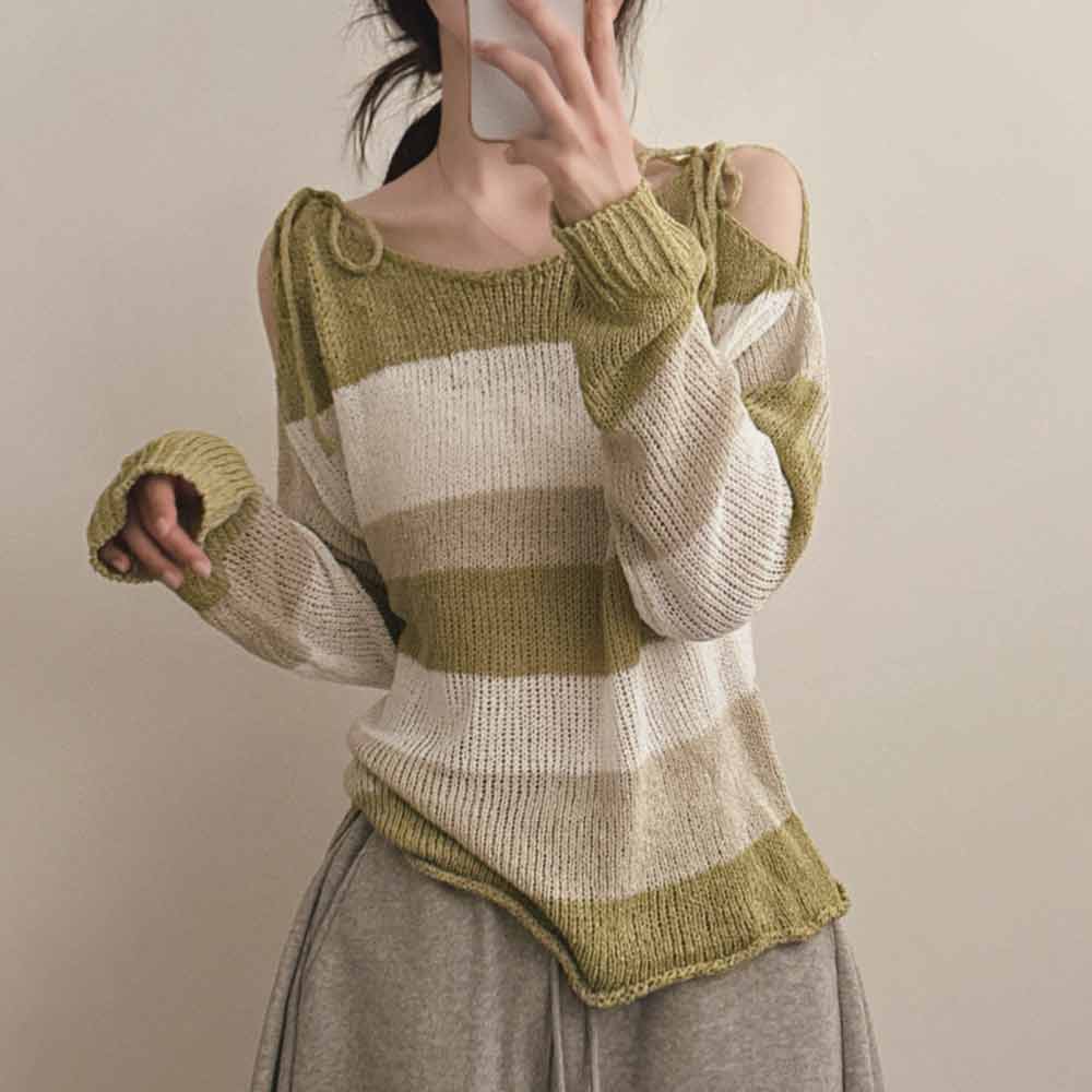 Original Real Shot Korean Version Ribbon Off-Shoulder Butterfly Knot Knitted Sweater with Slit Sheer Sexy Cardigan Top