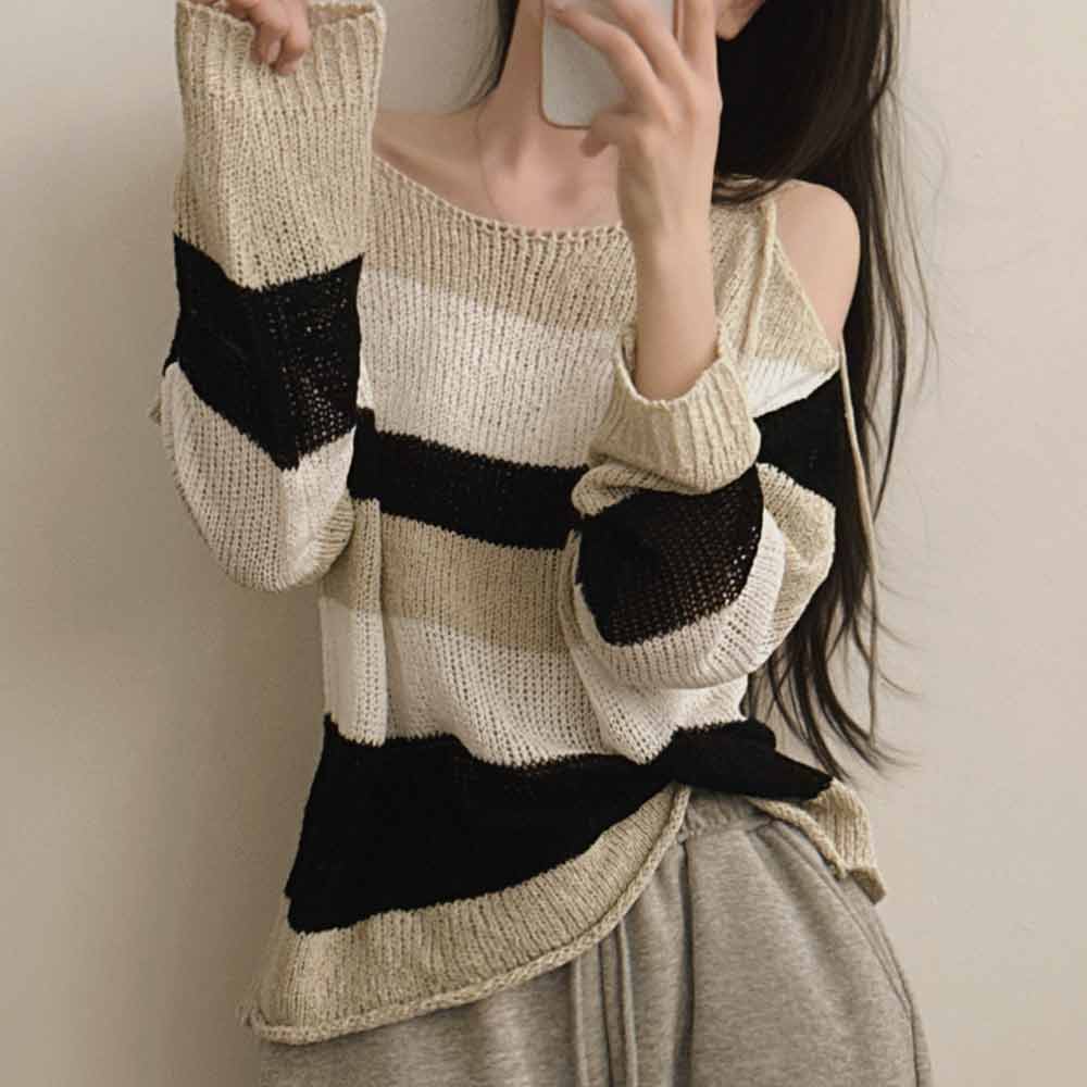 Original Real Shot Korean Version Ribbon Off-Shoulder Butterfly Knot Knitted Sweater with Slit Sheer Sexy Cardigan Top