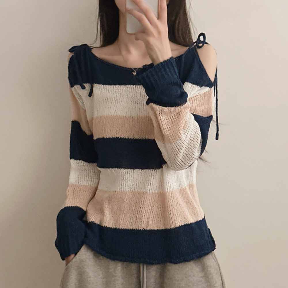 Original Real Shot Korean Version Ribbon Off-Shoulder Butterfly Knot Knitted Sweater with Slit Sheer Sexy Cardigan Top