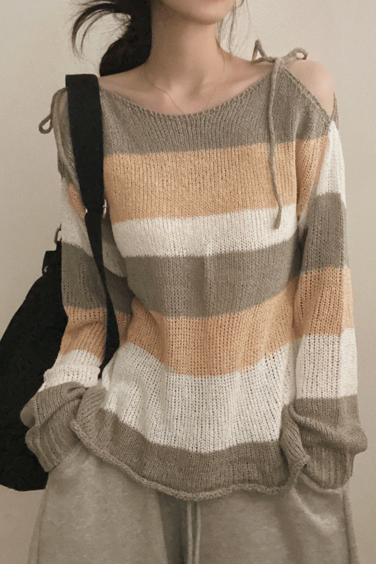 Original Real Shot Korean Version Ribbon Off-Shoulder Butterfly Knot Knitted Sweater with Slit Sheer Sexy Cardigan Top