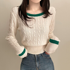 批发实拍韩版毛衣<b class='q'>日系</b>方圆领拼色长袖性感短款针织衫麻花套头圣诞毛衣