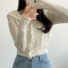 批发海军领薄款冰丝针织开衫港风修身镂空纯欲<b class='q'>长袖</b>毛衣防晒修身上衣