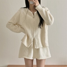 批发韩版毛衣纯色双头拉链长袖针织套装卷边荷叶半身裙短裙毛衣套装