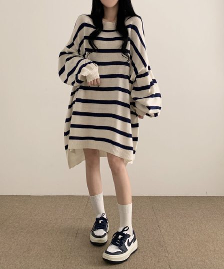 가을 겨울 한국 스타일 느긋한 바람 루즈핏 스트라이프 긴팔 스웨터 원피스 oversize 니트 스웨터 롱 스커트 여성