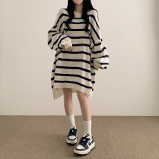 批发秋冬韩版慵懒风宽松条纹长袖毛衣<b class='q'>连衣裙</b>oversize针织毛衣长裙女士