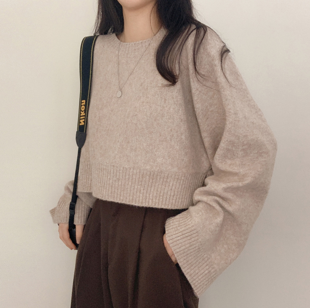 겨울 쇼트 스타일 스웨터 한국 스타일 chic 느긋한 바람 스웨터 루즈핏 작은 키 긴팔 라운드 넥 풀오버 니트 스웨터