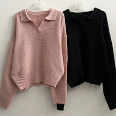 批发冬季翻领套头针织韩版毛衣厚款纯色<b class='q'>V领</b>卫衣针织衫春季上衣女
