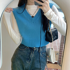 批发JK毛衣马甲背心学院风V领套头短款无袖加厚针织衫纯色叠穿外穿<b class='q'>女</b>