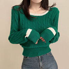 批发ins<b class='q'>韩版</b>圣诞毛衣方圆领拼色毛衣<b class='q'>长袖</b>性感短款日系麻花套头针织衫