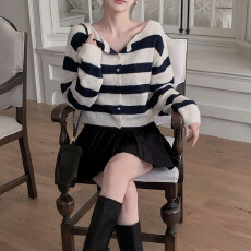 批发2026新款韩版慵懒风ins条纹长袖<b class='q'>短款</b>正反两穿开衫针织毛衣外套女