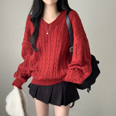 批发2026新年款韩版日系<b class='q'>宽松</b>红色麻花V领套头中长款长袖针织衫<b class='q'>毛衣</b>女