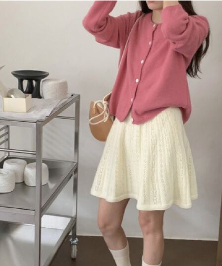 플리츠 반신 스커트 쇼트 스타일 단색 한국 스타일 ins 바람 니트 반신 스커트 홀로우 아웃 털 니트 원피스 우아함 품격 여성