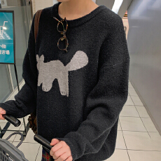 批发日系卡通<b class='q'>可爱</b>小猫图案简约INS慵懒宽松针织提花圆领套头长袖毛衣