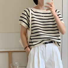批发夏季韩版日系条纹短袖<b class='q'>针织衫</b>上衣女薄款短款圆领打底套头毛衣女