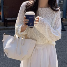 批发<b class='q'>韩版</b>慵懒风宽松圆领小肚棉长袖套头罩衫上衣日系薄款翻晒针织毛衣