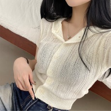 批发韩版海军领薄款冰丝短袖连帽针织<b class='q'>开衫</b>修身纯欲防晒纯色毛衣<b class='q'>女</b>上衣