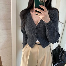 批发春季韩版毛衣修身小个子短款针织开衫纯色V领显瘦气质<b class='q'>短外套</b>上衣