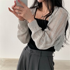 批发实拍 韩版镂空冰丝短款针织开衫纯色毛衣防晒披肩外套长袖罩衫女