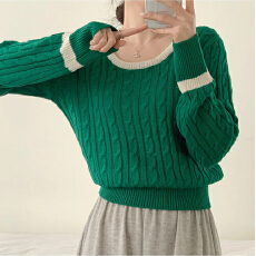 批发ins韩版圣诞毛衣方圆领拼色毛衣长袖性感短款麻花日系套头针织衫