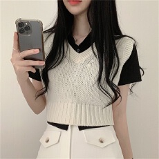 批发JK毛衣马甲背心纯色叠穿学院风V领套头短款无袖针织衫外穿可爱