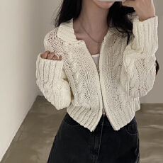 批发实拍 韩版麻花针织衫双拉链头毛衣外套翻领镂空短款开衫日系毛衣