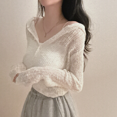 批发实拍春夏薄款韩版<b class='q'>毛衣外套</b>连帽长袖针织开衫修身气质微透冰丝罩衫