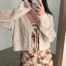 批发ins韩版长袖毛衣系带蝴蝶结<b class='q'>镂空</b>麻花针织毛衣外套防晒罩衫外搭