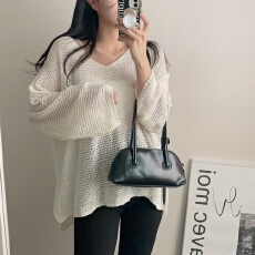 批发韩版ins风宽松V领镂空纯色前短后长下摆开叉防晒冰丝中<b class='q'>长款</b><b class='q'>针织</b>衫