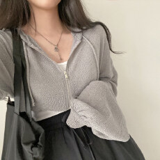 批发实价 <b class='q'>韩版</b>薄款针织毛衣系带拉链短款<b class='q'>开衫</b>连帽薄款纯色上衣外套女