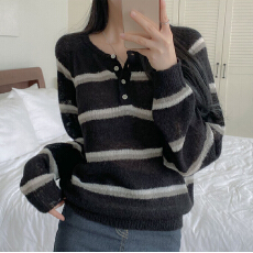 批发实拍 春夏日系毛衣半<b class='q'>开衫</b>纽扣圆领<b class='q'>条纹</b>韩版<b class='q'>针织</b>衫高智感宽松罩衫