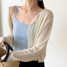 批发韩版毛衣休闲<b class='q'>圆领</b>薄款长袖<b class='q'>针织</b>衫<b class='q'>开衫</b>纯色单排纽扣短款冰爽罩衫