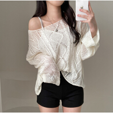 批发韩版针织衫镂空微透防晒罩衫纯色一字露肩冰丝麻花套头长袖毛衣女