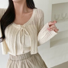 批发韩版系带针织衫麻花<b class='q'>毛衣</b>镂空微透甜美开衫纯色<b class='q'>短款</b>长袖上衣外套