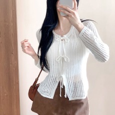 批发实拍 韩版长袖针织衫开衫系带蝴蝶结镂空薄款<b class='q'>毛衣外套</b>温柔气质女