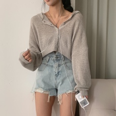 批发<b class='q'>韩版</b>薄短款毛衣外套慵懒风冰丝宽松纯色灯笼袖连帽<b class='q'>长袖</b>针织开衫