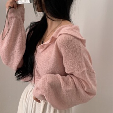 批发韩版薄短款<b class='q'>毛衣外套</b>慵懒风冰丝宽松纯色灯笼袖连帽长袖针织开衫