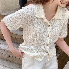 批发实拍 日系毛衣曲珠翻领薄款单排纽扣微透冰丝<b class='q'>开衫</b>短袖针织衫外套