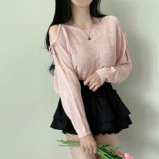 批发ins韩版宽松毛衣系带镂空露肩薄款<b class='q'>针织衫</b>蝴蝶结性感长袖防晒罩衫