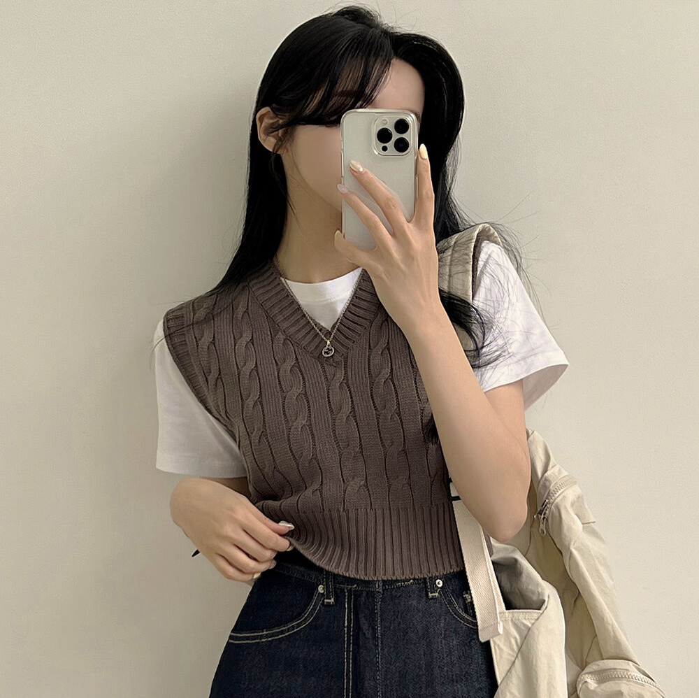 작은 키 일본식 스웨터 단색 꽈배기 jk 스택 착용 V넥 풀오버 니트 조끼 베스트 한국 스타일 맨위 핫걸
