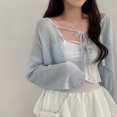 批发2026韩版毛衣<b class='q'>短款</b>披肩系带纯色<b class='q'>针织</b>衫双蝴蝶结长袖毛衣薄款外套女