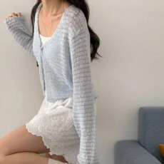 批发韩版日系夏季冰凉薄款宽松纯色防晒微透长袖针织开衫<b class='q'>毛衣外套</b>上衣