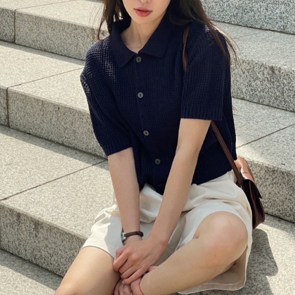 여름 한국 스타일 일본식 얼음 차가운 단색 루즈핏 폴로 칼라 후아 남편 그리드 오픈 가디건 반팔 니트 스웨터 맨위 여성 코트