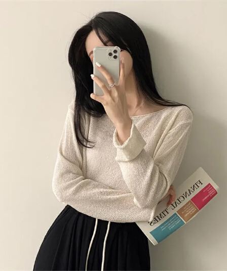 한국 스타일 작은 키 루즈핏 느긋한 바람 오프숄더 오프숄더 긴팔 볼륨 측면 자외선 차단 블라우스 얇은 마이크로 ~을 통해 니트 스웨터
