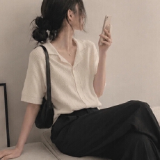 批发韩版日系薄款冰丝纯色翻领<b class='q'>小西装</b>领冰丝短袖开衫毛衣外套上衣<b class='q'>女</b>