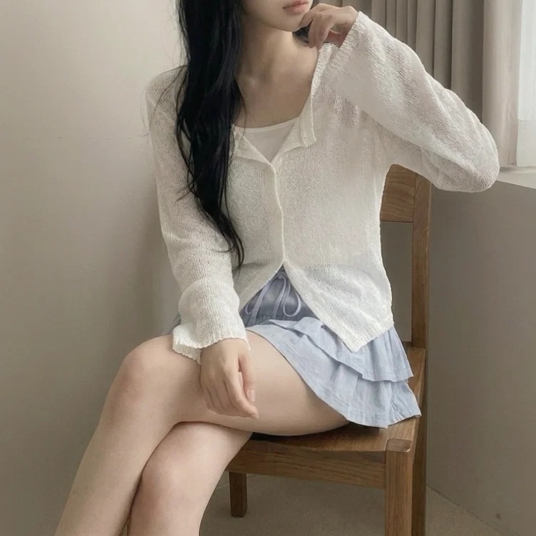 한국 스타일 일본식 ins 바람 자외선 차단 y2k 레트로 얇은 스타일 라운드 넥 단색 긴팔 니트 스웨터 오픈 가디건 여성 코트