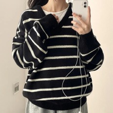 批发韩版宽松慵懒风圆领毛衣条纹间色中长款针织<b class='q'>连衣裙</b>针织衫日系毛衣