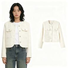 批发<b class='q'>明星</b>宋轶<b class='q'>同款</b>白色小香风珍珠扣短外套女秋冬气质高级感百搭短夹克