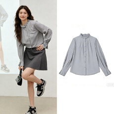 批发复古宫廷风雪纺衬衫春秋新款女装木耳边喇叭袖气质上衣