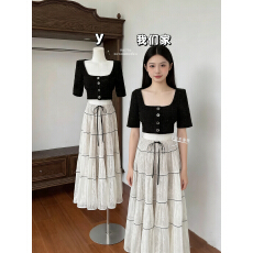 批发小香风粗花呢短袖外套女春季小个子短款上衣蕾丝半身长裙两件套装