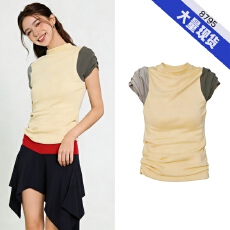 批发<b class='q'>明星</b><b class='q'>同款</b> 灰黄撞色褶皱飞飞袖小上衣春夏新修身掐腰巨好看独特T